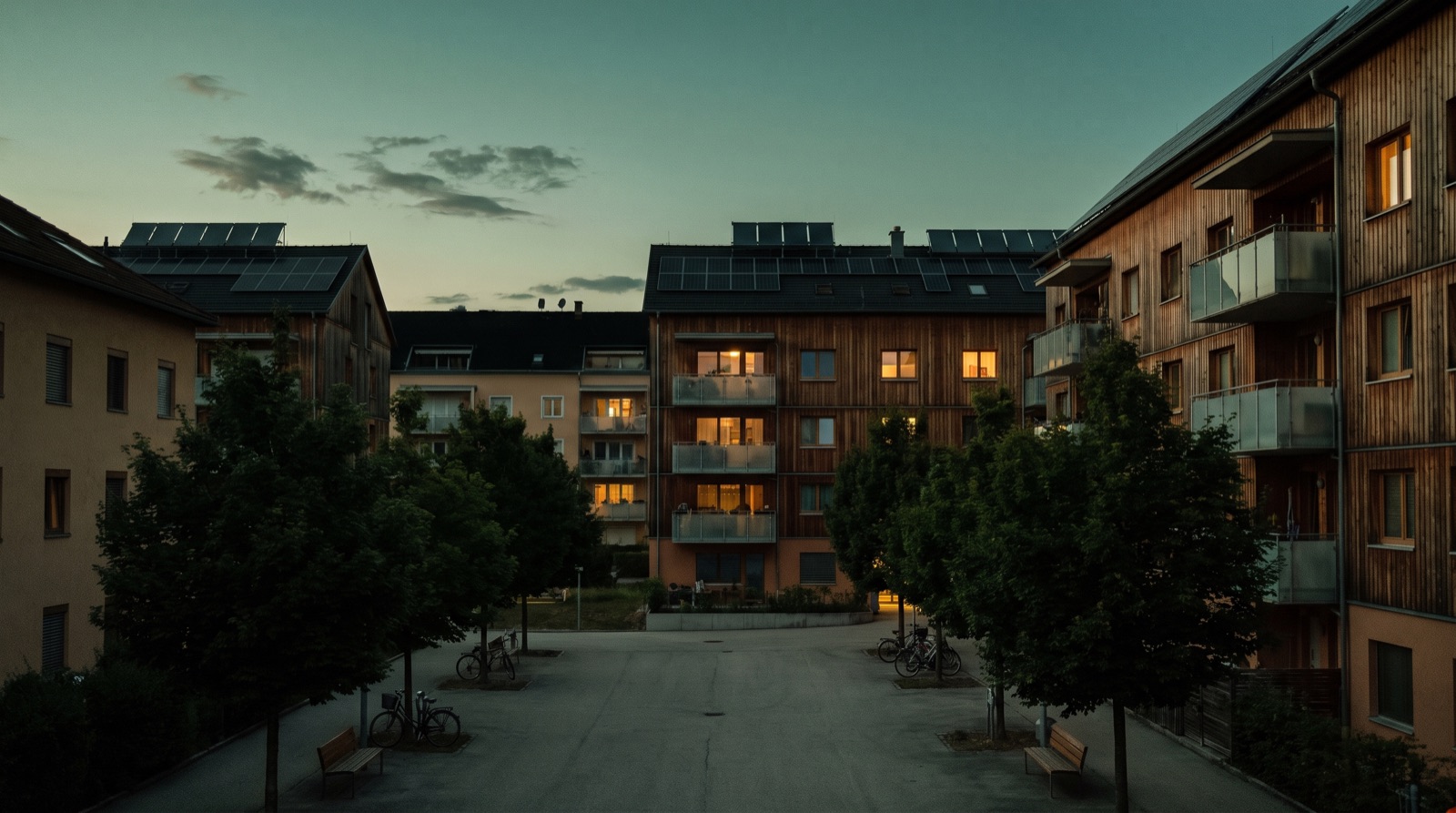 Wohnsiedlung am Abend, warmes Licht in den Fenstern